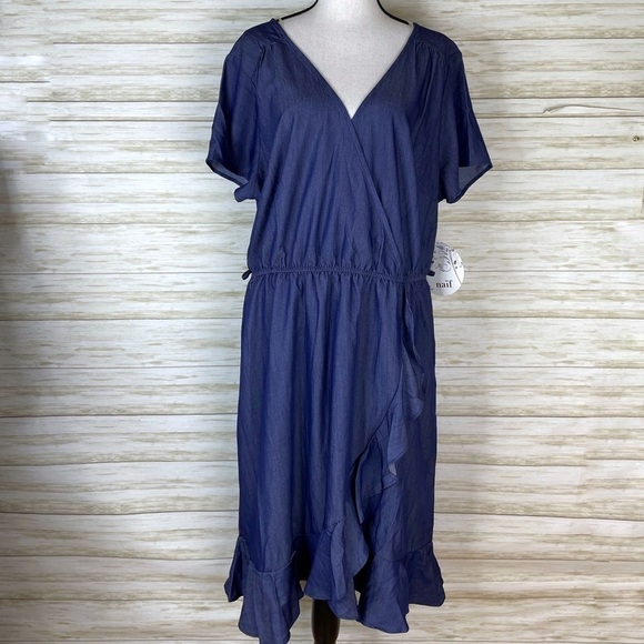 NWT Naif Blue Chambray Flutter Sleeve Wrap Dress - Picture 1 of 5